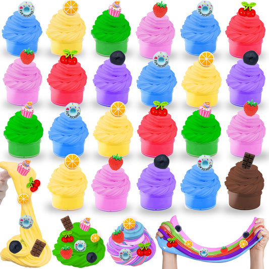 28 Pack Butter Slime Kit with Multiple Colors, Party Favors 7 Colors Slime & 7 Fruit Charms (4 Each), Stress Relief Toys for Kids Girls Boys Classroom Exchange School Games Prizes Birthday Gifts