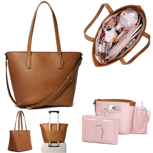 sedena Women’s 16” Laptop Tote Bag – Brown Vegan Leather Work Bag with Cupholder, RFID Pockets, Anti-Pickpocket Zipper, Travel Tote with Trolley Sleeve & Detachable Laptop Sleeve