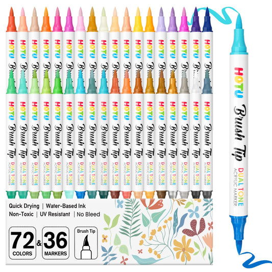 HOTU 72 Colors Acrylic Paint Markers for Coloring BooksFabric Stone Wood Sketchbook Eggs - 36 Set Dual Brush Tip Paint Pens - Art and Crafts Supplies Kit - Great Gifts Idea (36pcs,72 colors)