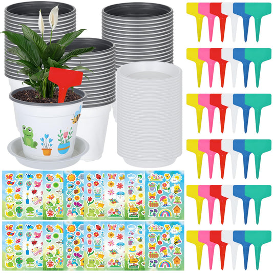 Zoketriton Garden Flower Pot Craft Kit, 48 Paintable Durable Resin Garden Pot with Tray Drainage Holes Adhesive Stickers and Plant Labels, Flower Plant Craft for Classroom Home DIY Flower Planting