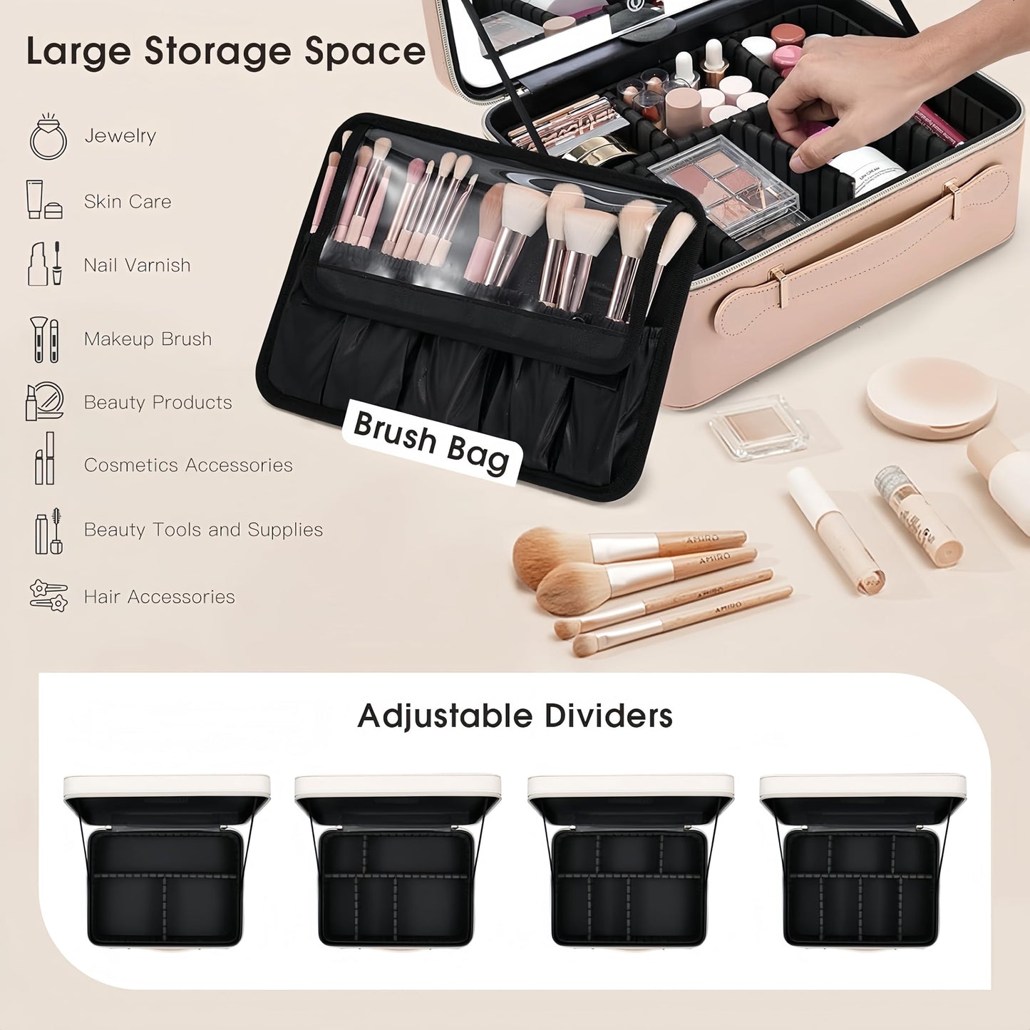 Leather Makeup Case with LED Lighted Mirror 11.4 Inch Travel Makeup Bag Adjustable Brightness in 3 Colors Cosmetic Organizer Artist Storage Bag with Dividers Brush Holder Bag Vanity Champagne Gold