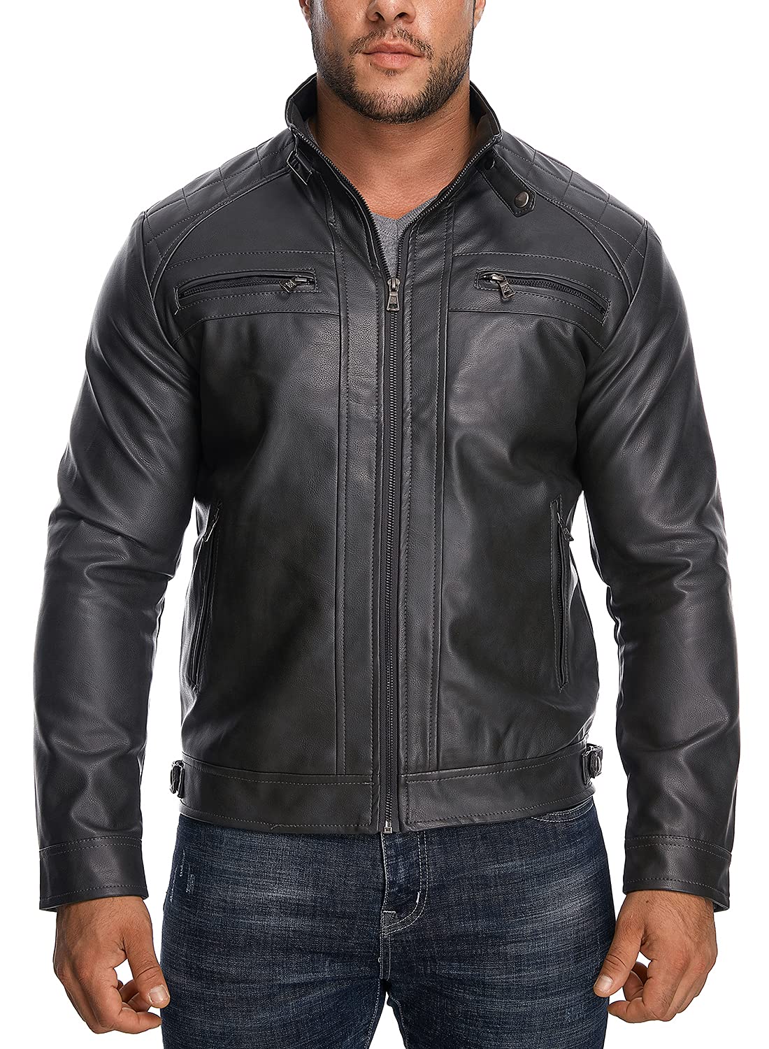 HOOD CREW Men’s Stand Collar Leather Jacket Casual Faux Leather Motorcycle Jacket Outerwear Coat with Zipper Pockets Black XL