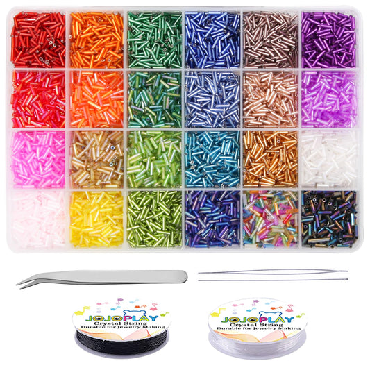 JOJOPLAY Tube Seed Beads Kit, 7mm, Craft Bugle Glass Beads with Bead Needle, Elastic String for Bracelet Necklace Jewelry Making (24 Colors)