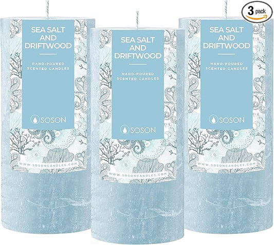 Simply Soson 3x6 inch Light Blue Rustic Sea Salt and Driftwood Pillar Scented Candle - 3 Pack - for Home Decor, Aromatherapy, Weddings, Restaurants, Spa,