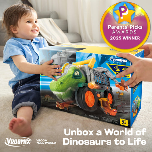 JOVA Vroomix Dinosaur Toy for Toddlers 2 3 4 5+ Year Old, Extra Large Dinosaur Monster Truck with Figures, T-Rex Toy with Launcher and Darts, Crane Arm & Tunnel, Jurassic Toy for Boys Birthday Gift