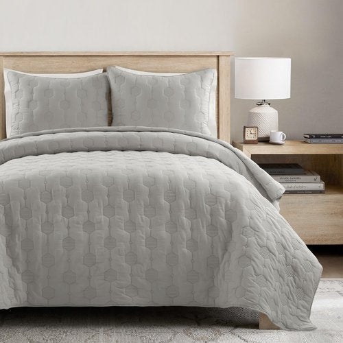 Lush Decor Hexagon Honeycomb Embroidered Textured Cotton Quilt Gray 3 Piece Set Full/Queen - Soft Lightweight Modern 3 Piece Bedding Set