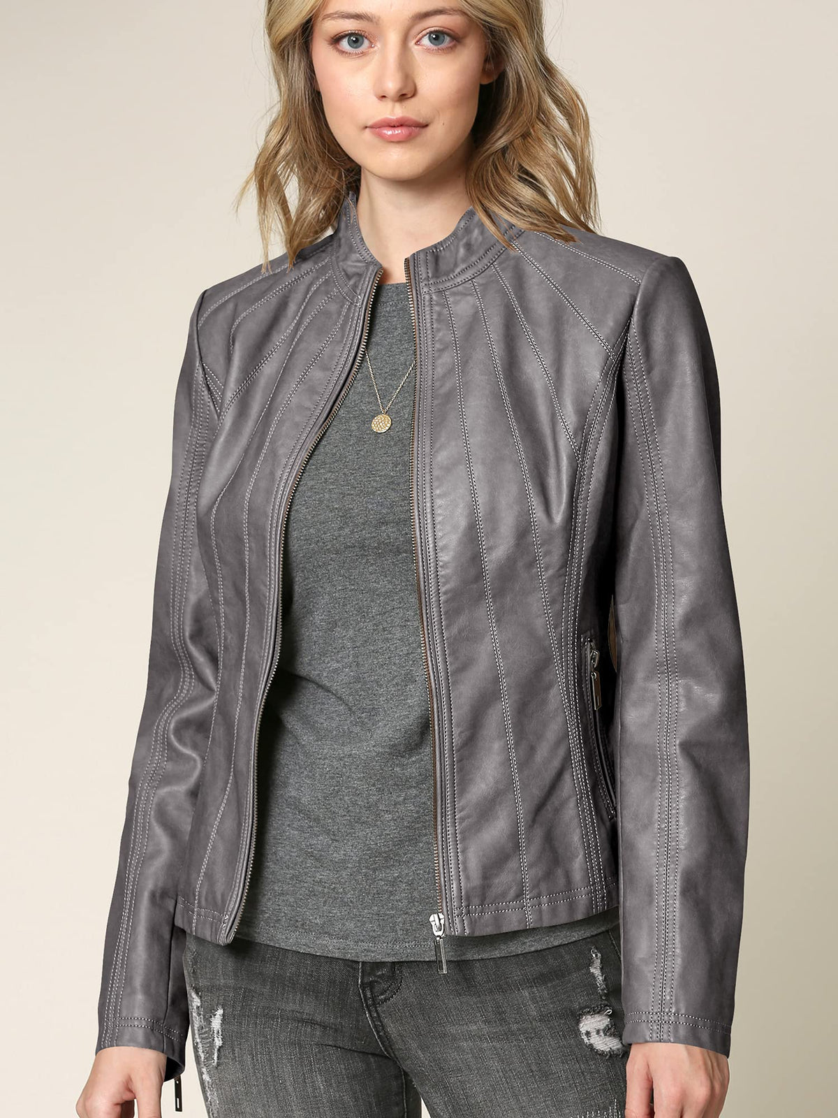 Lock and Love LL WJC877 Womens Panelled Faux Leather Moto Jacket XL GREY