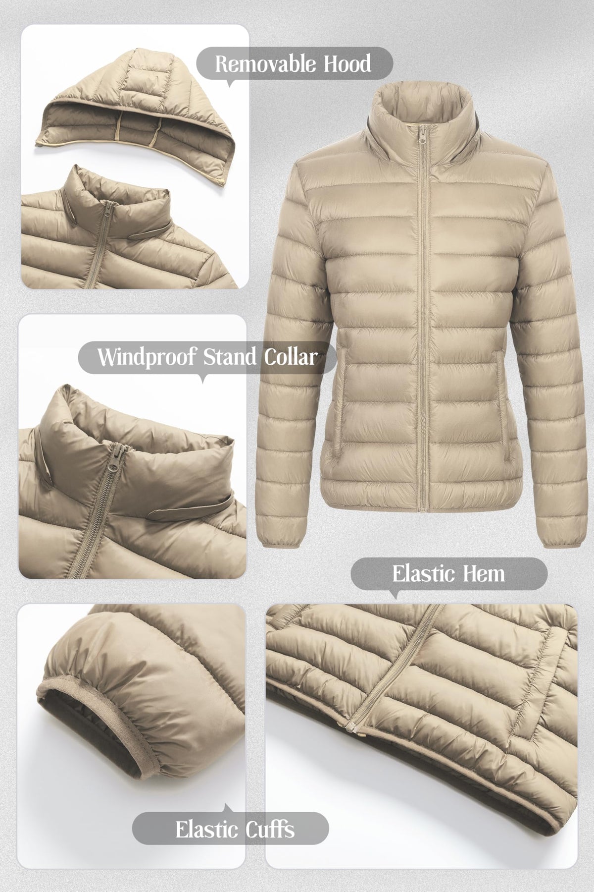 Chrisuno Winter Jackets For Women Women's Packable Puffer Jacket Lightweight Warm Quilted Coat With Detachable Hood Khaki 2XL