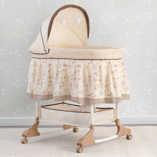 Delta Children Portable Rocking Bassinet for Newborns Bedside Sleeper Crib with Gentle Vibrations, Nightlight, Soothing Music, Adjustable Canopy, Plush Toys, Storage Basket, Baby Essentials