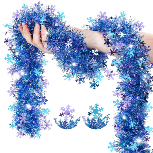 Blosssound 26 Feet Blue Purple Snowflakes Tinsel Garland Glitter Metallic Tinsel Twist Banner Shiny Iridescent Garland for Indoor Outdoor Ceiling Wall Christmas Tree Birthday Party Decorations