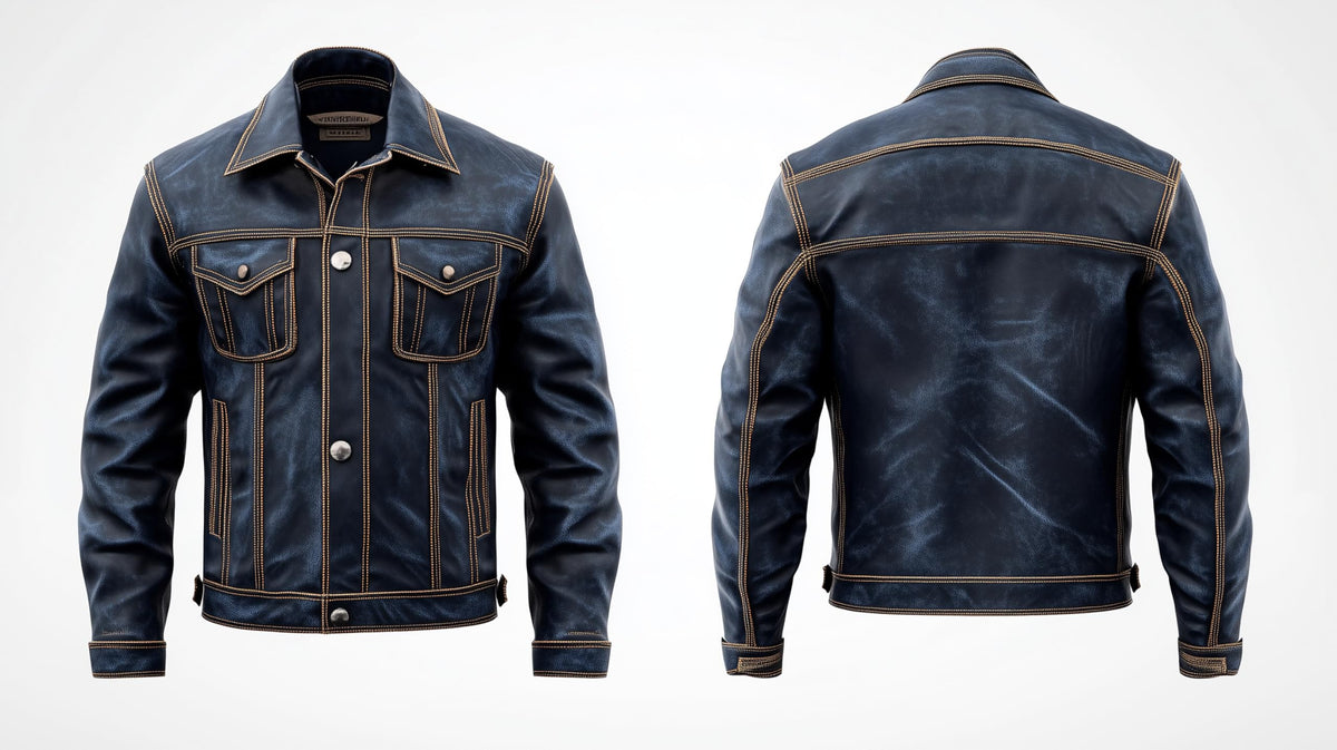 Sumairah Mens Blue Trucker Denim Style Jacket Multi Pocket Genuine Leather Jackets(Navy Blue Genuine Leather, Large)