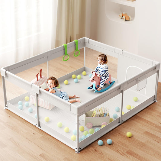 ZEEBABA Extra Large Baby Playpen - Playpen for Babies and Toddlers, Play Pen with Gate, Play Yard Baby Fence Play Area Zone Indoor, Sturdy Kids Play Pin (Gray, 69×59in)