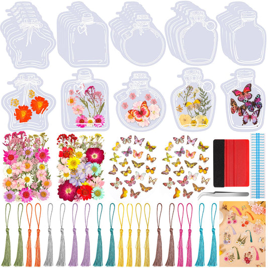 212 PCS Pressed Flower Bookmark Making Kit, DIY Clear Bottle Bookmark Kit with Dried Flower Tassel Butterflies Open Sticker Tweezer, DIY Projects Party Favor Gift for School Reading Adult Book Lovers