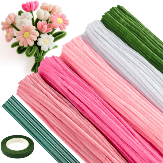 ASTARON 521 Pcs Pipe Cleaners Craft Set, 5 Colors Pipe Cleaners Bulk Pastel Chenille Stems for Craft Pipe Cleaner Flowers Making Kit with Floral Wires, Gardening Tape (Pink Series)