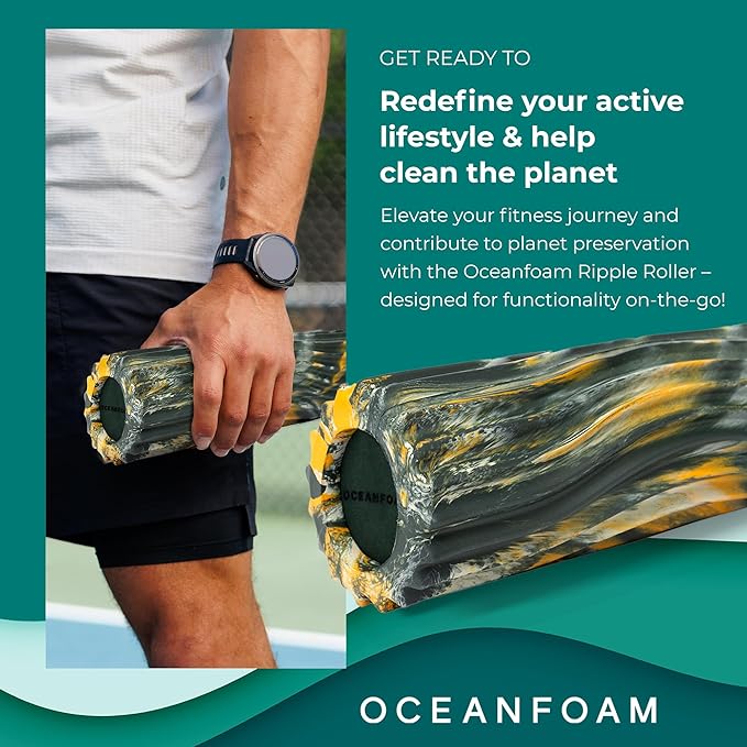 Oceanfoam Ripple Travel Foam Roller (11" x 3.35") Firm Mini Foam Roller for Physical Therapy, Deep Tissue Massage, Back Pain - High Density, Wave Textured - Yoga (Hunter, Gold & Natural Marbled)