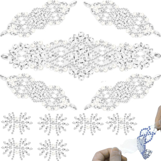 PEARLY JUN 11 Pcs Silver Rhinestone Applique Patches Pearl Rhinestone Patches Iron on Appliques for Dresses Hand Sewing Craft Projects DIY Wedding Clothes Shoes Hats Bags Embellishments