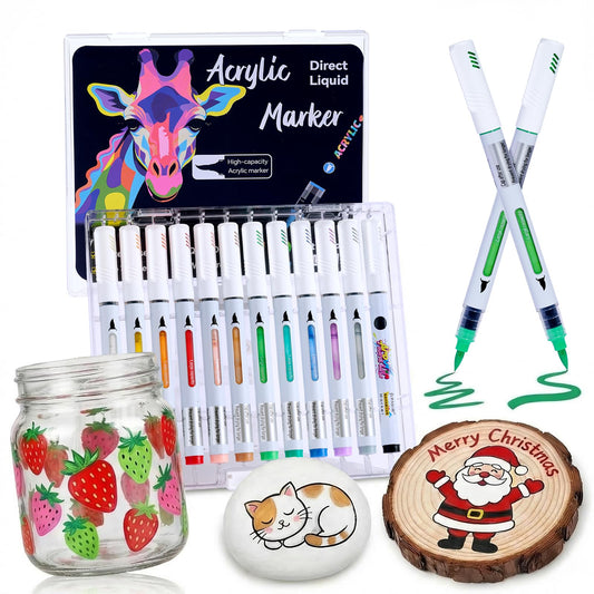 Acrylic Paint Markers with brush tip, 12 colors Acrylic Paint Pens for Rock Painting, Stone, Paper, Egg, Pumpkin, Wood, Fabric, Canvas, Ceramic, Glass, Art & DIY Craft Supplies for Kids, Teens, Adults