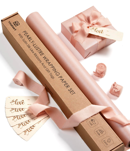 Vitalizart Pink Wrapping Paper Set 17" Pearly-Lustre With Silk Like Satin Ribbon & Gift Tags Recyclable Christmas Gift Wrapping Birthday Baby Shower Wedding Handmade Crafts 197"(16.4 Ft)