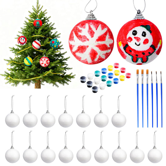 Aezhuvoal DIY Decorative Hanging Ornaments Foam Ball Kit with Paints & Brush - 20 Pack White Round Craft Foam Balls with Strings for Christmas, Halloween Holiday Decorations, Gift Idea