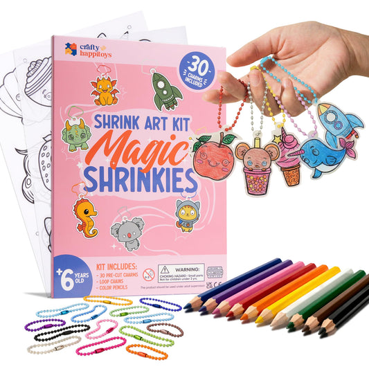 CRAFTY HAPPITOYS Shrink Art Sheets - Craft Kit for Kids - Art and Craft for Kids - Shrink Plastic Sheets with 30 Pre Cut Charms - DIY Jewelry Making - Keychain Activity - Shrinky Kit 70pc
