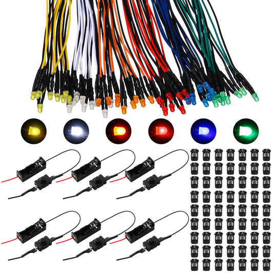 Saysurey 126 Pcs 12v LED Lights Kit, 60 Pre Wired LED Light Emitting Diodes 60 Plastic Lampholder 6 Battery Holder for Model Assortment Crafts Dollhouse (3 mm)
