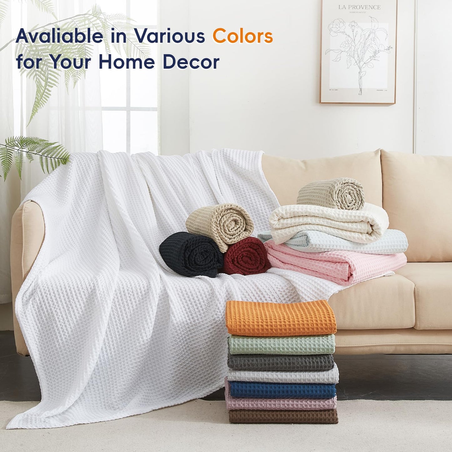 PHF Ultra Soft Waffle Weave Throw Blanket 50"x 60"- Washed Lightweight Breathable Cozy Woven Blanket for Bed - Aesthetic Decor for Couch Bedding Sofa Home Car - Khaki