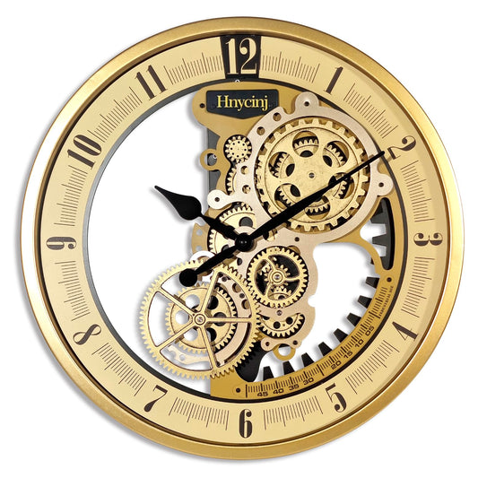 Hnycinj Industrial Wall Clock, Non-Ticking Vintage Moving Gear Battery Operated Original Antique Steampunk Decor Metal Clock for Living Room, Farmhouse, Home Kitchen (Gold, 18 Inch)
