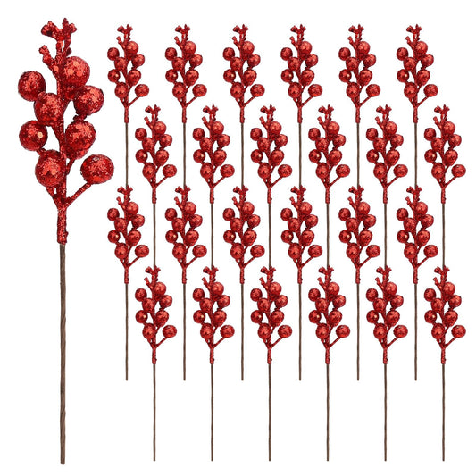 24 Pack 9 Inches Glitter Artificial Berry Stems, 15 Berries per Stem, Christmas Tree Picks Ornaments, DIY Xmas Wreath, Floral Arrangements Home Décor, Winter Wonderland Decoration (24, Red, 9 Inch)