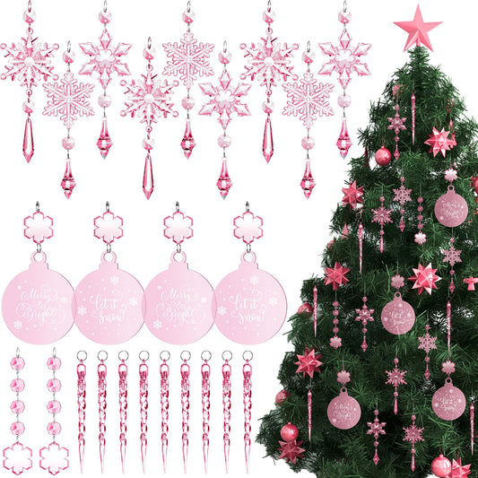 Cinnvoice 24 Pcs Christmas Pink Acrylic Snowflake Ornaments Decoration Set, Crystal Christmas Tree Hanging Pink Clear Flat Ornaments for Xmas Winter Holiday Craft Party Celebration