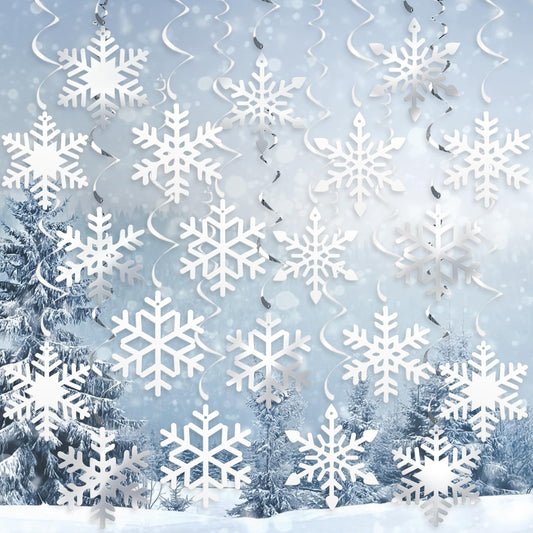 20Pcs Winter Snowflake Hanging Swirl Decorations, Christmas Snowflakes Ceiling Streamers Sliver White Snowflake Hanging Decorations for Christmas Winter Wonderland Frozen Party Supplies