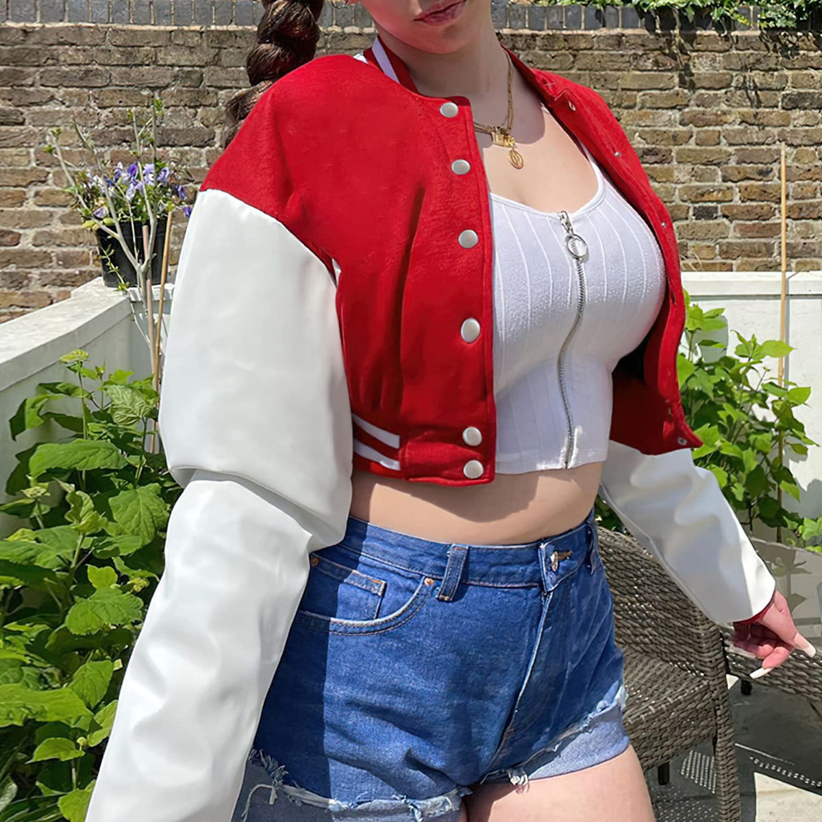 Xaspee Women's Casual Baseball Jacket Faux Leather Colorblock Button Crop Bomber Jacket