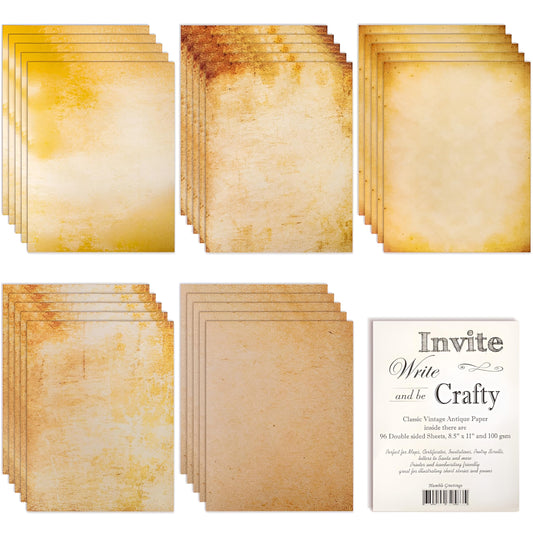 96 Parchment Stationary Paper Sheets - Old Fashion Aged Classic Vintage Antique Writing - 5 Colored Double Sided | Arts Crafts Invitations Certificate Calligraphy Message in a Bottle - 100gsm, 8.5x11