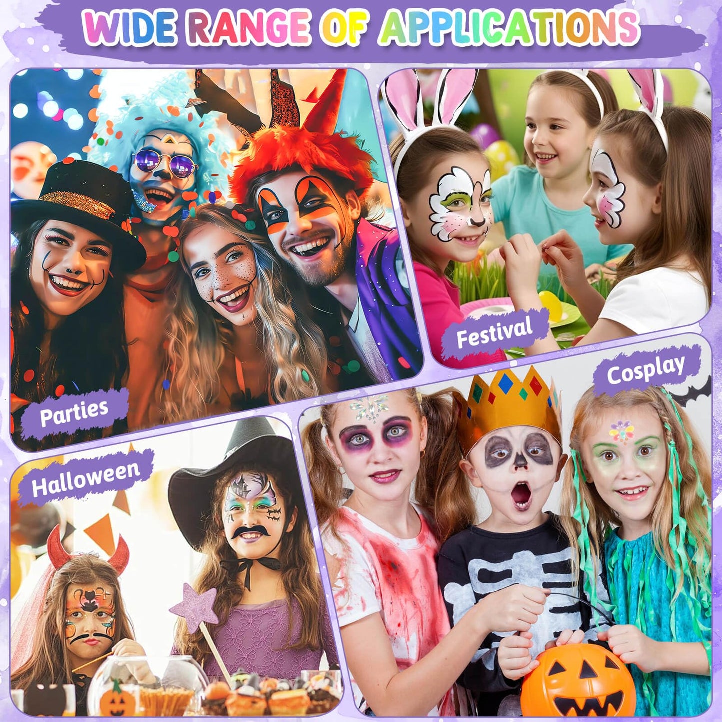 55PCS Face Paint Stencils Kit Includes 33 Reusable Facial Painting Stencils, 6 Sheets Tattoo Templates Stickers, 10 Brushes, 2 Pack Adhesive Gems, 4 Sponge for Halloween Festival Party Makeup