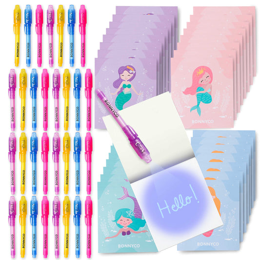 BONNYCO Invisible Ink Pen and Notebook Pack of 32 Mermaid Party Favors for Kids | Spy Pen Mermaid Party Supplies, Prizes for Kids | Magic Pen Birthday Party Favors, Prizes for Students
