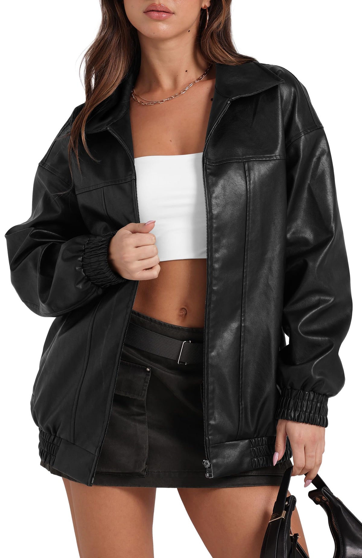 Sampeel Black Faux Leather Jacket Women Baggy Oversized Motorcycle Bomber Coats 2025 Fall Going Out Outfits Winter Clothes M