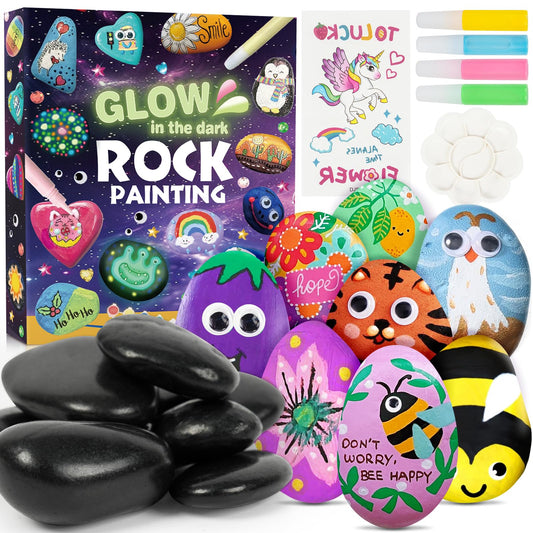 SHENGSEN Glow in The Dark Rock Painting Kit, Rock Art Kit Including 10 Rocks & 10 Stickers for Kids Ages 6-12, Rocks Painting Bulk Stones for Arts & Crafting Gift