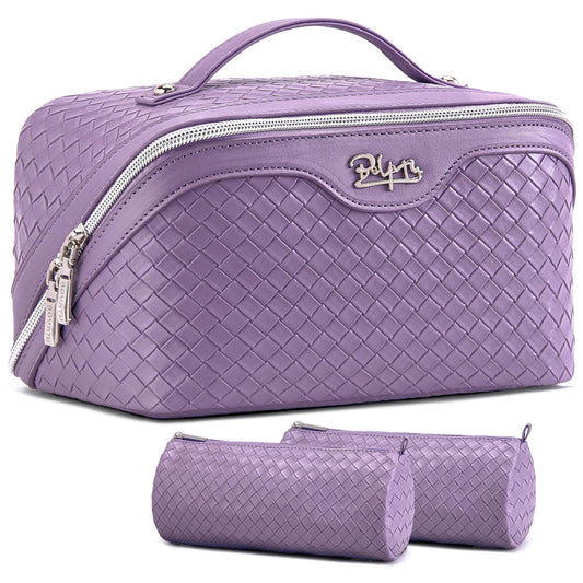 BOYATU Travel Makeup Bag Cosmetic Bags for Women: Large Capacity 3 Pcs Set Make up Bag with Compartments - Waterproof Vegan Leather Toiletry Organizer Bags with Handle (L01 Purple)