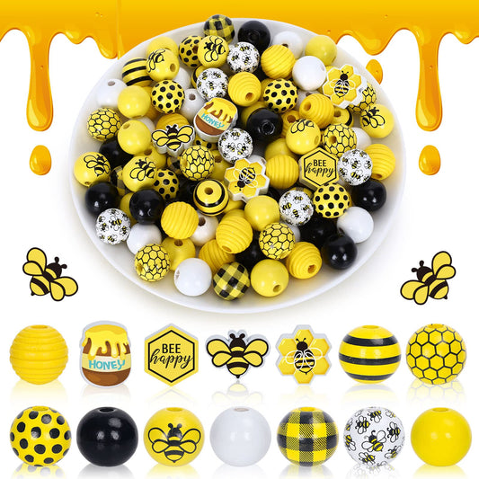 Whaline 220Pcs Bee Wood Beads Honeycomb Honey Jar Bee Happy Wooden Beads Colorful Spring Summer Craft Loose Bead with Hemp Rope for DIY Crafts Making Bracelet Necklaces Home Decor