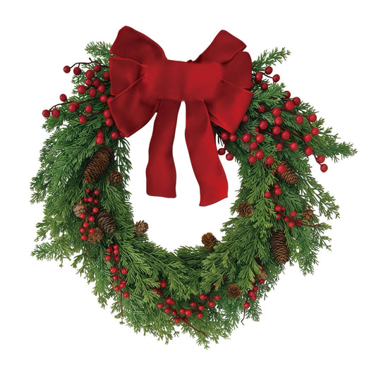 Christmas Wreath for Front Door, Red Bow & Real Pine Cones with Pine Branches & Berries, Artificial Holiday Wreath for Indoor & Outdoor Wall Decor (20 inches)