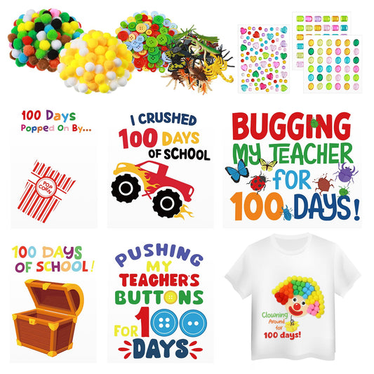 Glenmal 6 Sets DIY 100th Day of School Iron on Decals, Craft Kit with Patches Pompoms Buttons Gem Stickers Realistic Insects Popcorn Clown Heat Transfer Stickers for School Party DIY Clothing Bag