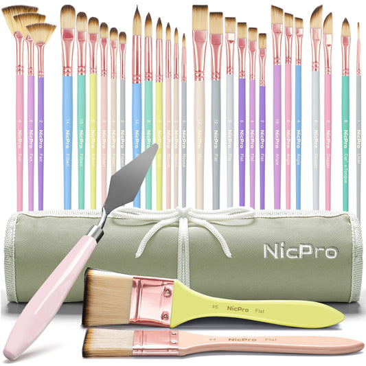 Nicpro 30pcs Paint Brush Set, Aesthetic Pastel Paintbrushes with Paint Spatula and Cloth Roll, Craft Paint Brushes for Acrylic Painting Oil Watercolor Gouache, Art Supplies for Women Artists Beginners