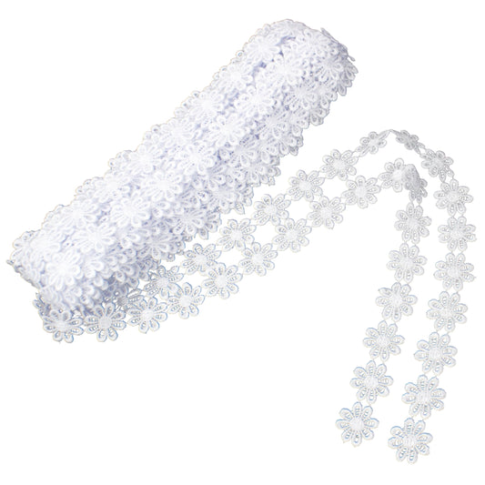 Premium IDONGCAI Daisy Flower Lace Trim Ribbon – 15 Yards Embroidered Polyester Craft Ribbon for Wedding Decor, Bridal Sashes, Apparel, DIY Crafts & Home Accents – White Floral Edge Lace Trim