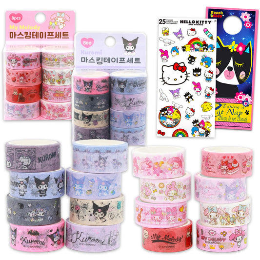 Sanrio Washi Masking Tape Variety Pack - Bundle of 16 Decorative My Melody & Kuromi Rolls for DIY Crafts, Scrapbooking, Journals, More Stationery