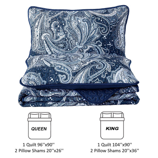 DJY Navy Paisley Quilt Set King Boho Bedspread Coverlet Set 3 Pieces, Soft Lightweight Microfiber Navy Blue Paisley Floral Pattern Bedding for All Season, 110"x90"