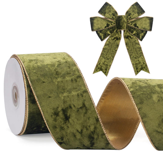 GHGMAO Olive Green Velvet Wired Ribbon, 2.5 Inch Crushed Velvet Ribbons with Gold Edge, Christmas Wired Ribbon for Gift Wrapping, Christmas Tree Decor, Wreath Supplies, Crafts Bow Making, 10 Yards