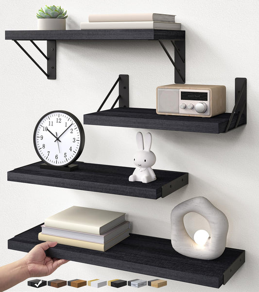 BAYKA Wall Mounted Floating Bathroom Shelves, Wood Wall Shelf for Books & Decor, Space-Saving Display & Organizer (Black, Set of 4)