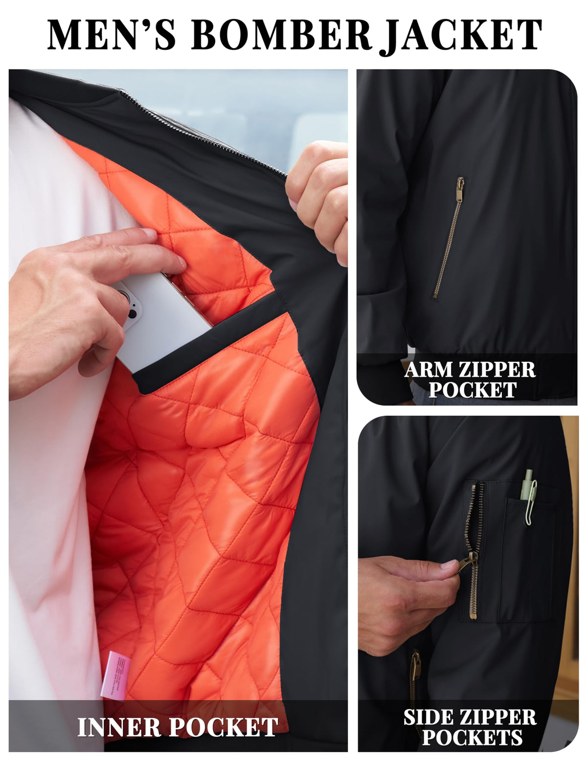 TACVASEN Black Bomber Jacket Men Zip Up Winter Windbreaker Lightweight Softshell Coats Outwear Black, M