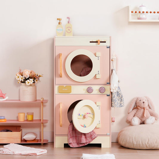 ROBOTIME Kids Washer and Dryer Playset – Wooden Laundry Pretend Play Set with Ironing, Color Beads Drum, Toy Washing Machine & Dryer Set for Toddlers Ages 3+, Gift for Boys and Girls