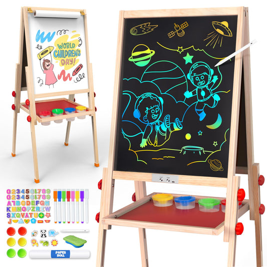 JOYOOSS LCD Easel for Kids Ages 4-8 Easels for Toddlers Art Kids Easel Ages 8-12 Light Up Wooden Drawing Easels Magnetic White Board with Paper Roll for Kid LCD Dry Erase Board