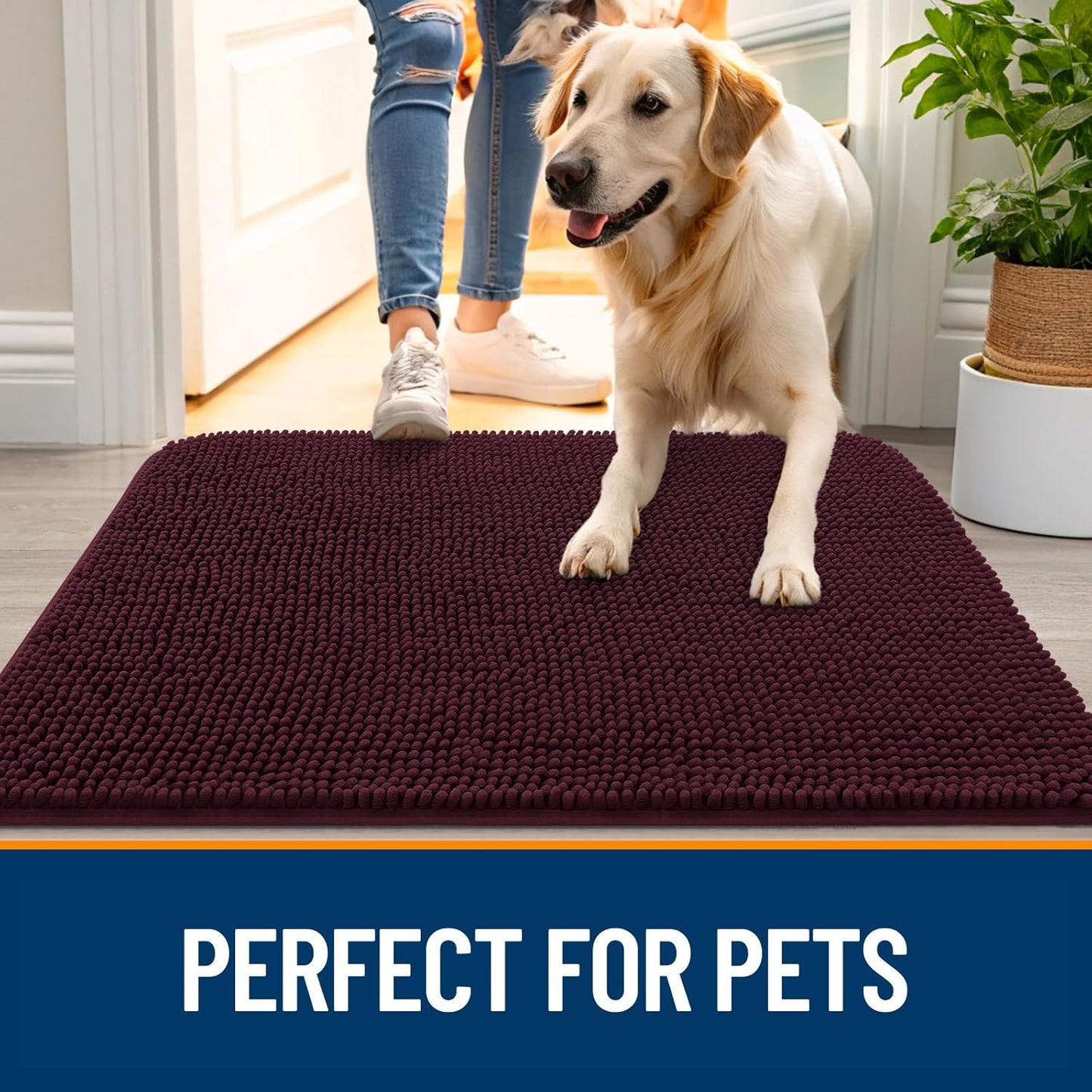 OLANLY Dog Door Mat - Absorbent Non-Slip Chenille Mat for Muddy Paws | 44x24 Inches, Quick Dry, Russet